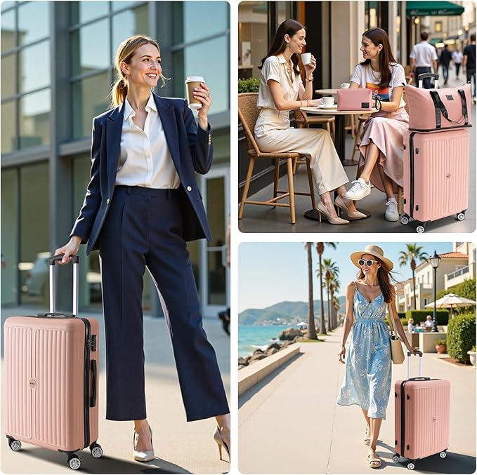 Hoteel Luggage Sets 3 Piece ABS+PC Hardside, 4-Year Warranty, Luggage Set with Spinner Wheels, TSA Lock, Lightweight Carry on Luggage, 20" Suitcase with Duffel & Organizer, Light Pink