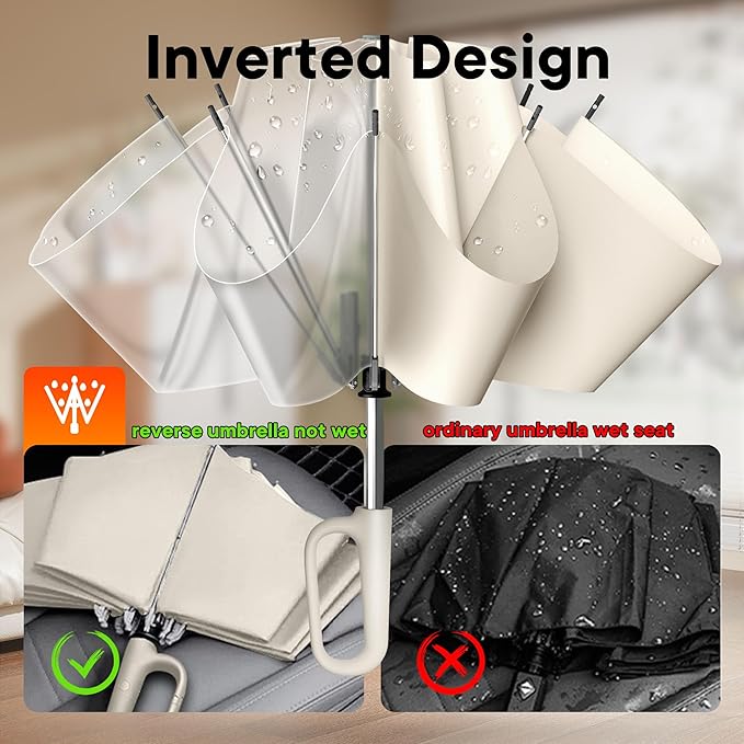QWB TUMAAOTU Inverted Umbrella with Carabiner Handle, Compact Wind Proof Umbrellas For Rain and Sun Protection, Portable Reverse Folding Umbrella, Car Umbrella for Women Men, 10 Ribs