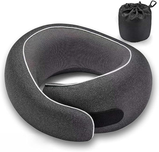 Travel Neck Pillow for Airplanes, Premium Memory Foam Neck Pillow with Ergonomic 360° Support, Travel Essentials for Plane, Car, Train and Home, Jet Black