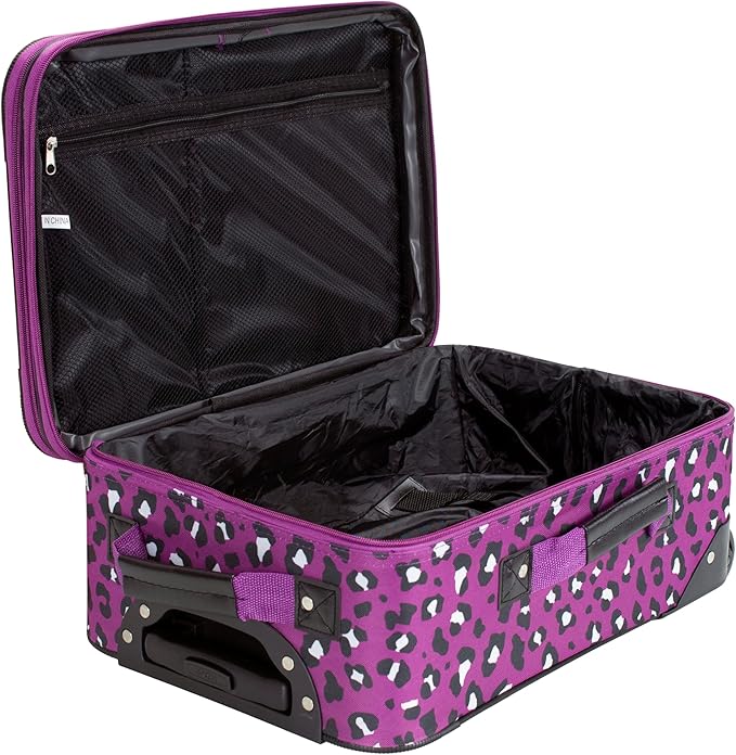 Rockland Fashion Softside Upright Luggage Set, Expandable,Telescopic Handle,Wheel, Purple Leopard, 2-Piece (14/19)