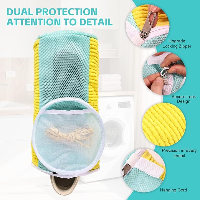 Shoe Washing Machine Bag Reusable Sneaker Washing Bag with Built-in Fluffy Brushes for 360° All-Around Cleaning. Laundry Shoe Bag is Designed for Washer and Dryer （Yellow 2pcs Pro）
