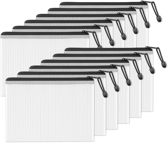 SUNEE Plastic Mesh Zipper Pouch 7.8x10.8 in (Black, 12 Packs), Small Water-Resistant Zip Bag for School Office Supplies, Pencil Organizing Storage