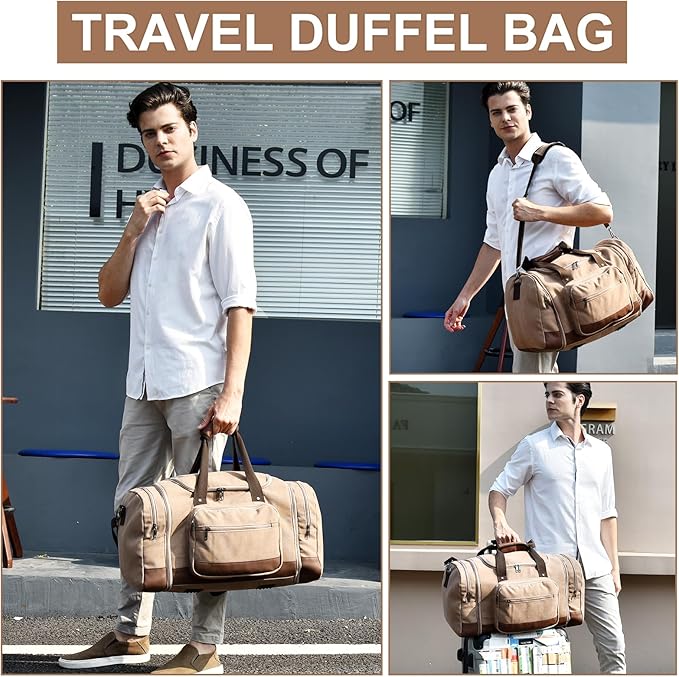 Litvyak Duffle Bag for Travel, 50L Canvas Travel Duffel Bags Overnight Weekend Gym Carry On Luggage Bag for Men & Women(Coffee+Toiletry Bag)