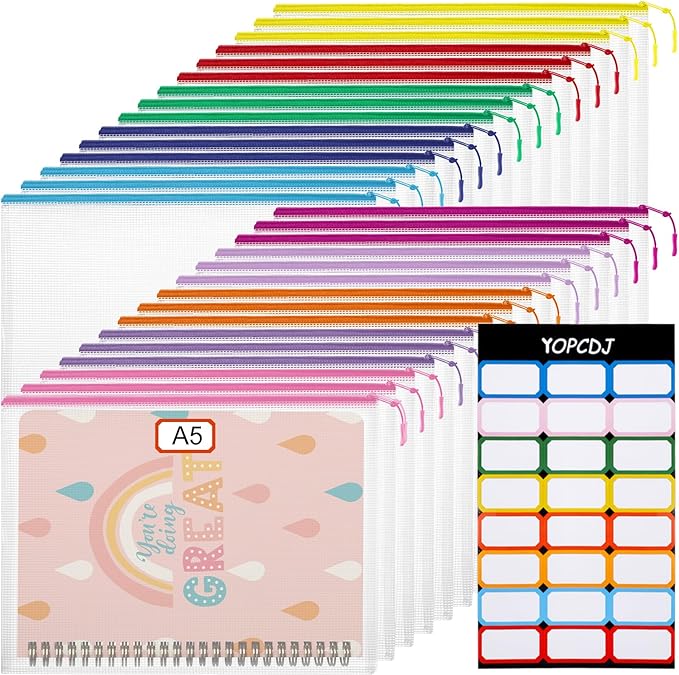 30PCS Mesh Zipper Pouch Bags, A5 9.4x6.9 Inches Waterproof Mesh Bags with Zipper, Plastic Zipper Pouches for Organizing, Mesh Bags for Travel Storage School Supplies, 10 Colors Assortment