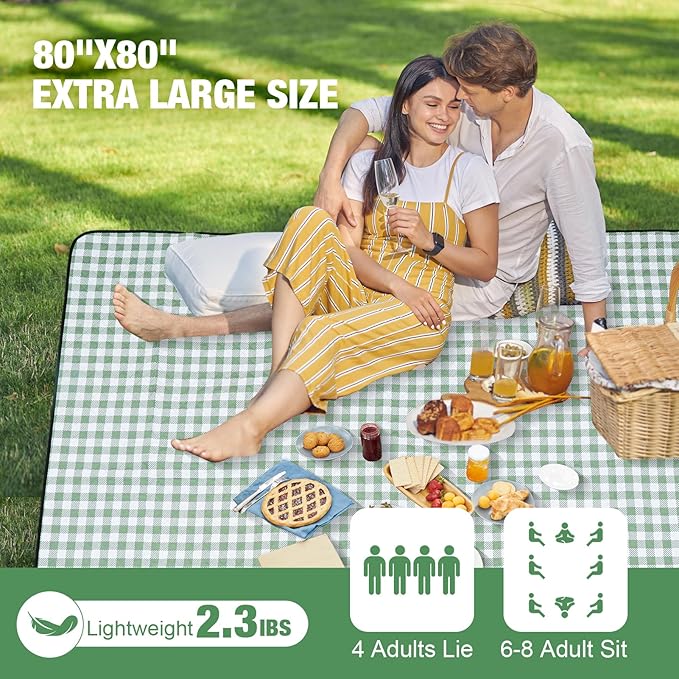 G GOOD GAIN Picnic Blankets Outdoor Extra Large - 80"x80" Portable Waterproof Picnic Blanket, Machine Washable 3-Layer Foldable Park Mat with Sandproof Backing for Grass, Hiking, Travel (Olive Green)