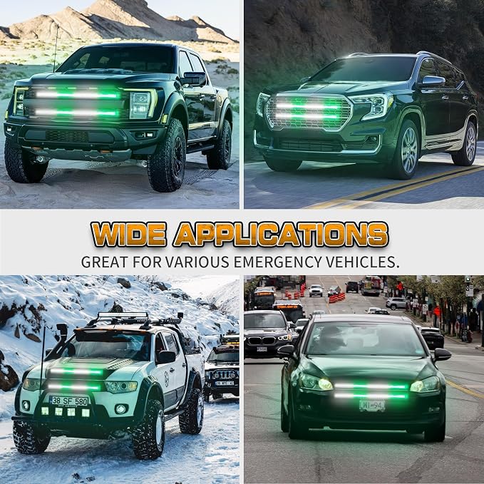 2 Pack 24 inch Grill Emergency Lights Green White Strobe Lights | 288 LED Front/Rear Grille Surface Mount Warning Hazard Safety Caution Light Strip for Plow Trucks Construction Vehicles
