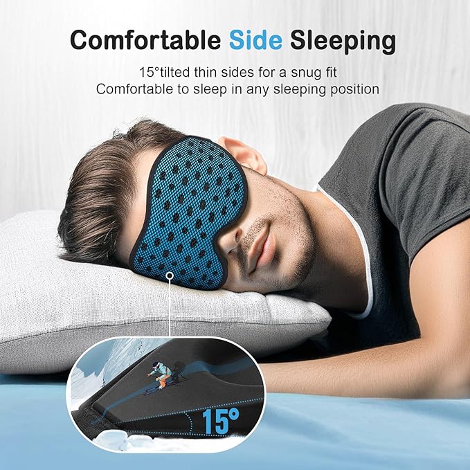 LitBear Breathable Sleep Mask, 3D Eye Mask Sleep for Side Sleepers Women Men, Light Blocking Sleeping Mask with Adjustable Strap, Soft Lightweight Eye Cover for Travel, Night Work, Nap, Office - Blue