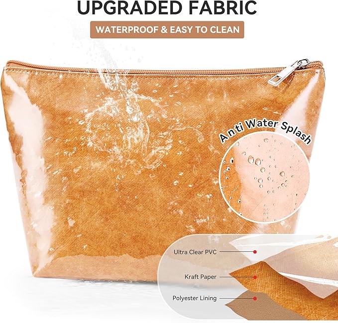 WLLWOO PVC Waterproof Makeup Bag Kraft Paper Cosmetic Bag Travel Toiletry Zipper Pouch Organizer for Women Purse