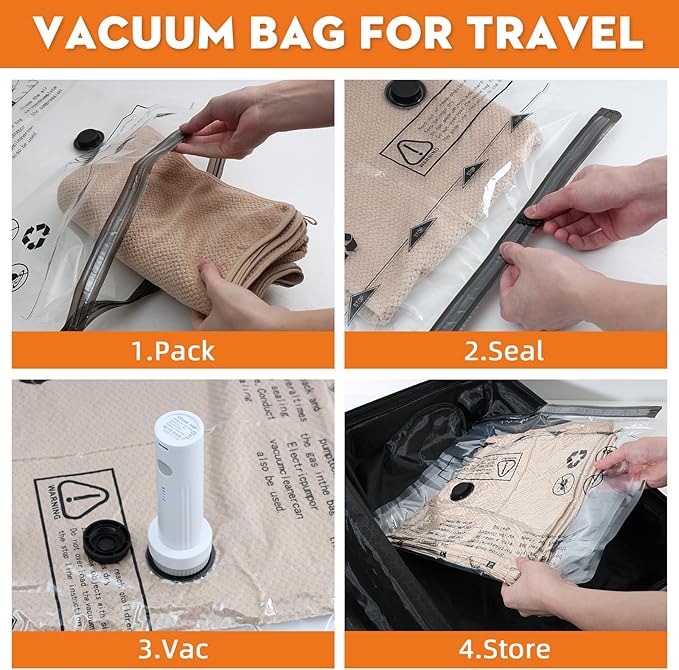 TOLDATE 12 Pack Travel Vacuum Bags - Compression Bags for Travel with 4 Different Sizes(2J/2L/4M/4S)，Vacuum Travel Bags with Rechargeable Pump for Luggage and Home Organization