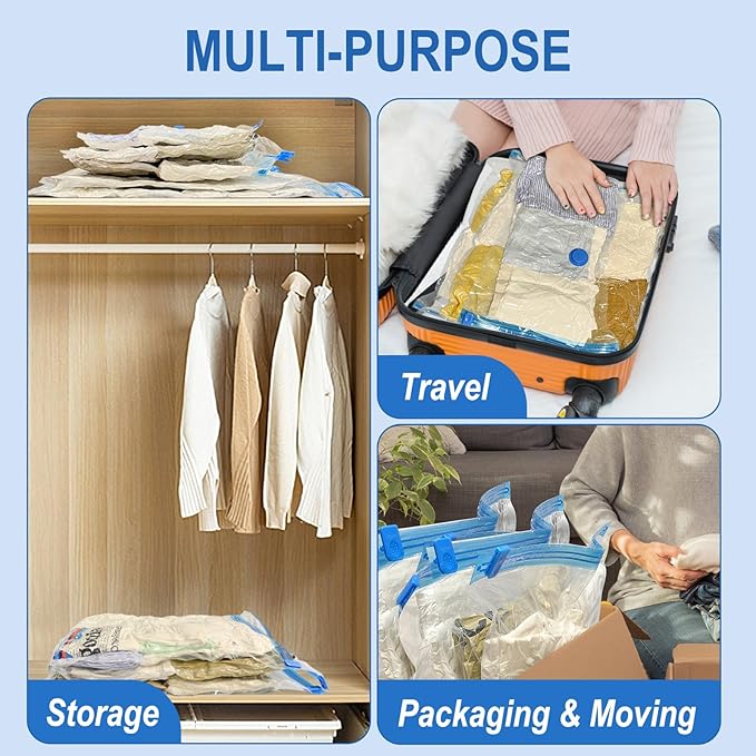 Vacuum Storage Bags with Hand Pump, Plastic Packaging Bags, 80% Space Saver Vacuum Seal Bags for Clothing, Travel Lugggage, Blankets, Comforters, 10 Large