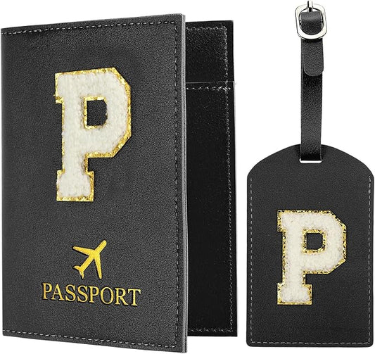 PATIKIL Passport Holder for Travel, Initial Passport Cover and Luggage Tag Set with Alphabet Chenille Letter Patch Travel Wallet Bag Suitcase Identifier for Women Family Travel Black P