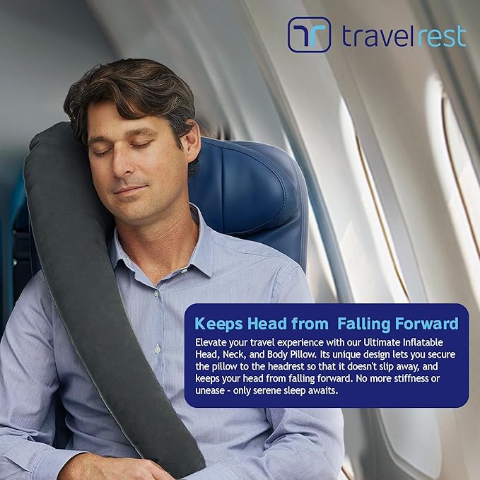 TRAVELREST Ultimate Inflatable Neck Support & Body Pillow - Airplane Pillow for Long Flight Comfort, Travel Essentials, Sleeping Accessories, Headrest Support Seat for Car (Grey)