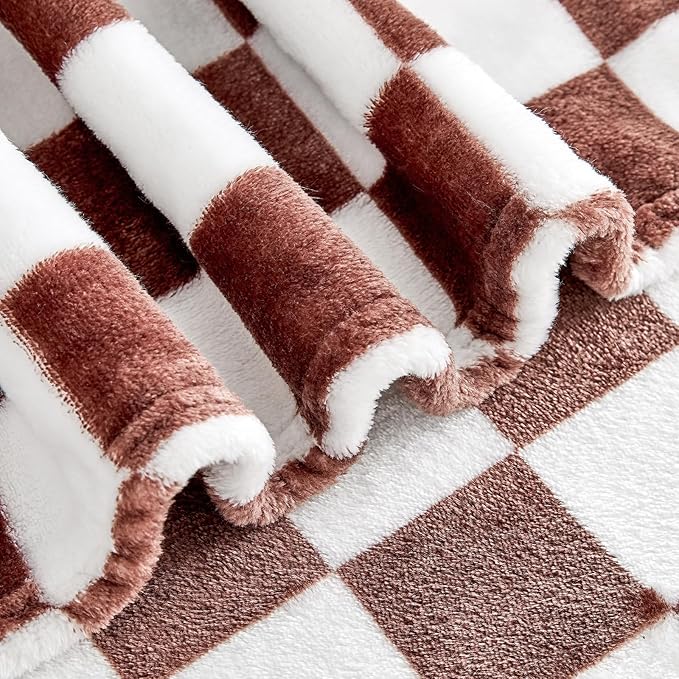 Brown Checkered Blanket, Ultra Soft Cozy Flannel - Checkered Grid Print Throws for Bed Sofa Couch, Luxury Throw Blanket for All Seasons, 50x60 Inch, Brown
