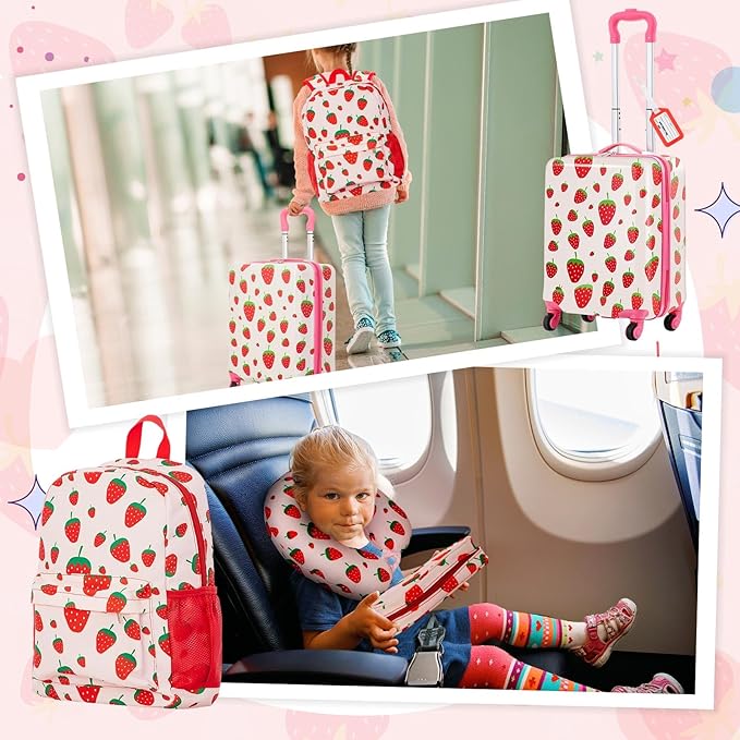 Redbaker 17 Inch 6 Pcs Kids Luggage Set Kids Rolling Luggage Double Pattern Suitcase for Boys Girls (Blush Pink, Strawberry Style)
