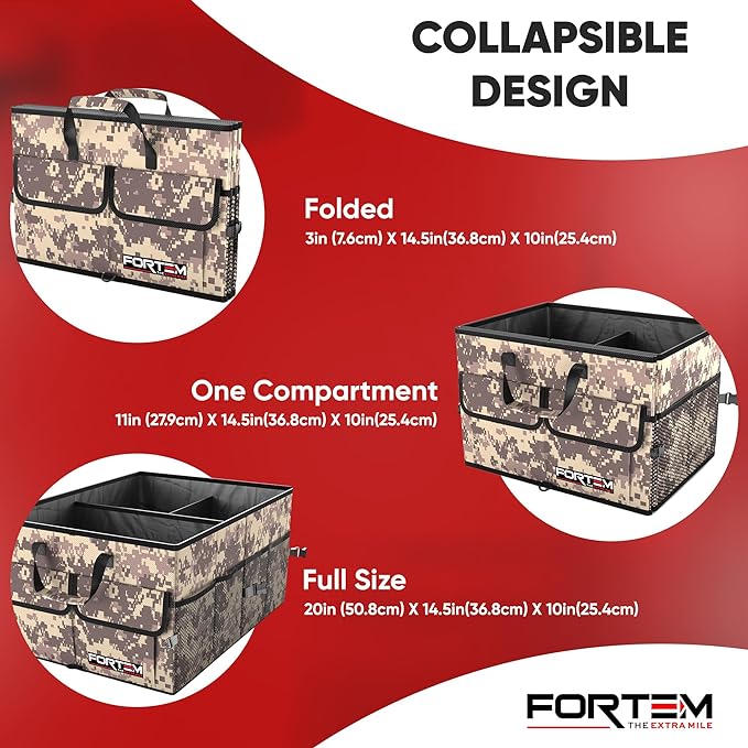 FORTEM Car Trunk Organizer - Collapsible Multi Compartment SUV Trunk Organizer, Non Slip Bottom, Adjustable Securing Straps, Soft Cover 50L (Desert, Standard)