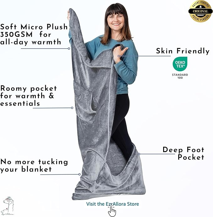 Fleece Lightweight Foot Pocket Blanket -Patent Pending- Gamer Gift for Men Who Have Everything - Gifts for Men Who Wants Nothing and Elderly Dads (Fleece, Silver Grey)
