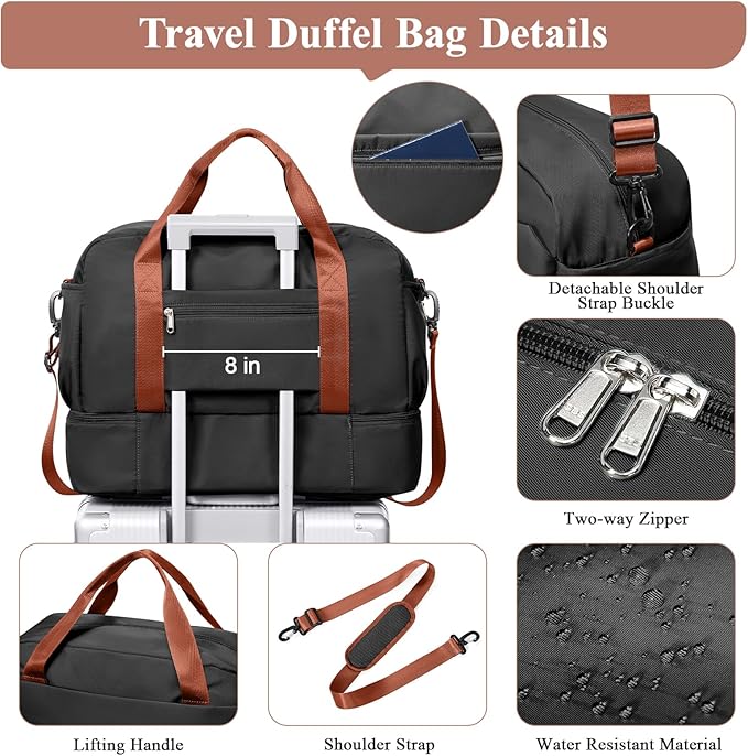 Travel Duffel Bags for Women, Carry-on Overnight Weekender Bag with Wet Pocket & Toiletry Bag, For Spirit Airlines 18x14x8 Personal Item Bag