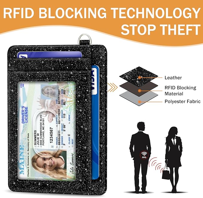 Yonlevres Credit Card Holder Slim Wallet, Moon Lunar Black RFID Wallet Women Front Pocket Small Card Holder, Travel Cute Funny Thin Card Case ID Window PU Leather RFID Blocking Card Organizer Gifts