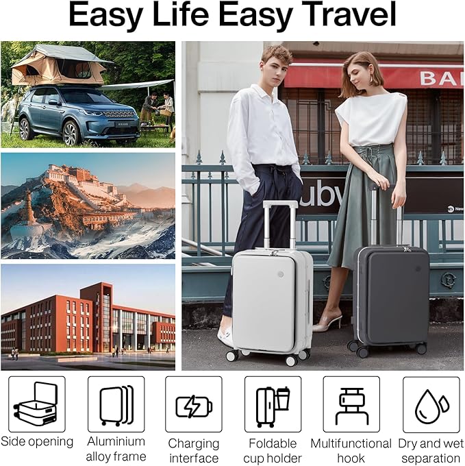 mixi Checked Luggage with Cup Phone Holder and Charger Hard Shell Suitcases with Spinner Wheels, 24 Inch Smoke White