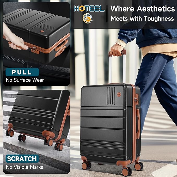 Hoteel Luggage Sets 4 Piece, 4-Year Warranty, Carry-On Luggage with Dual-Spinner Wheels, PC+ABS Hardside Suitcase Set with TSA Lock, Large Checked Travel Suitcases, Black(16/20/24/28)