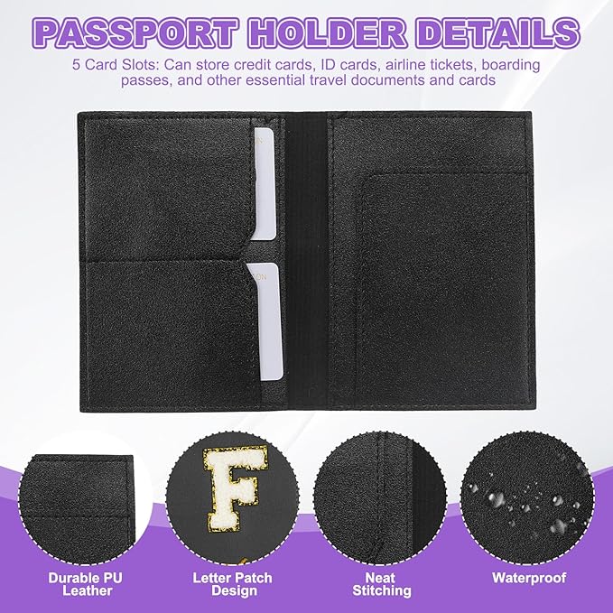 PATIKIL Passport Holder for Travel, Initial Passport Cover and Luggage Tag Set with Alphabet Chenille Letter Patch Travel Wallet Bag Suitcase Identifier for Women Family Travel Black F