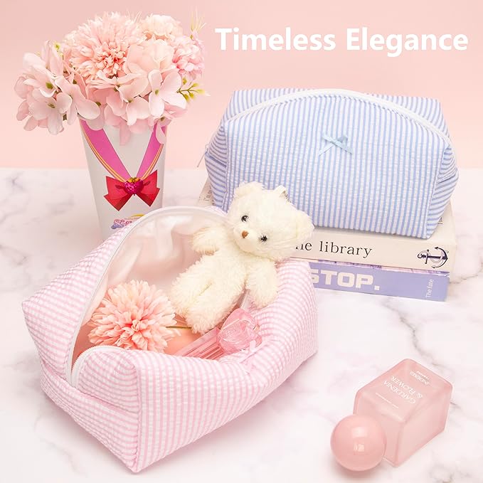 Cozy Makeup Bag Travel Cosmetic Bag for Women Soft Toiletry Bag Aesthetic Makeup Organizer Portable Large Zipper Pouch for Skincare Beauty Accessories Brushes Stripe Pink