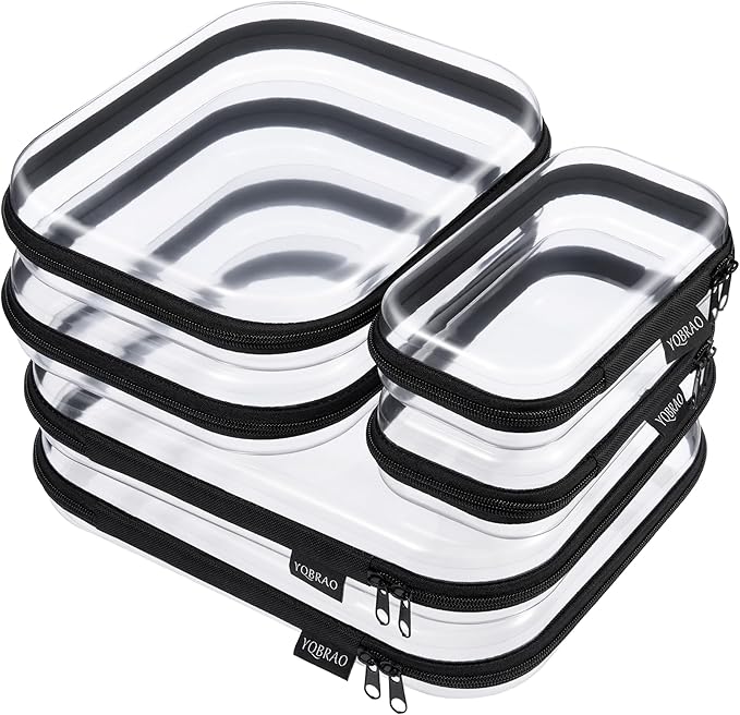 YQBRAO 6 Pack Clear Hard Shell Zipper Case, See-Through Hard Plastic Organizer Pouches with Zipper for Travel, Toiletries, Makeup, Electronics & Pencils - Crush-Resistant Storage (Black)
