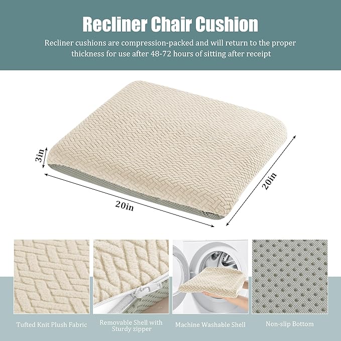 HOMBYS Tufted Furry Recliner Seat Cushion for Elderly Foam Curved Edge Large Square Seat Cushion for Recliner Chair, Floor Pillow, Office Chair, Car, No Pressure on Thighs(Beige)