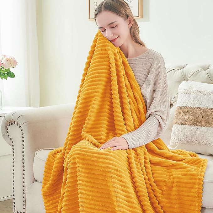 BEDELITE Fleece Blanket Queen Size – 3D Ribbed Jacquard Soft and Warm Decorative Fuzzy Blankets – Cozy, Fluffy, Plush Lightweight Throw Blankets for Couch, Bed, Sofa(Mustard Yellow, 90x90 inches)