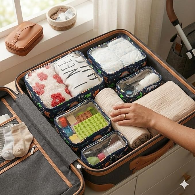 TSA Approved 5-Piece Diaper Bag Organizer Pouch Set Clear Waterproof TPU Kids Toiletry Storage Set Travel Packing Clutch Cube Bags for Baby Nursing(Dinosour)