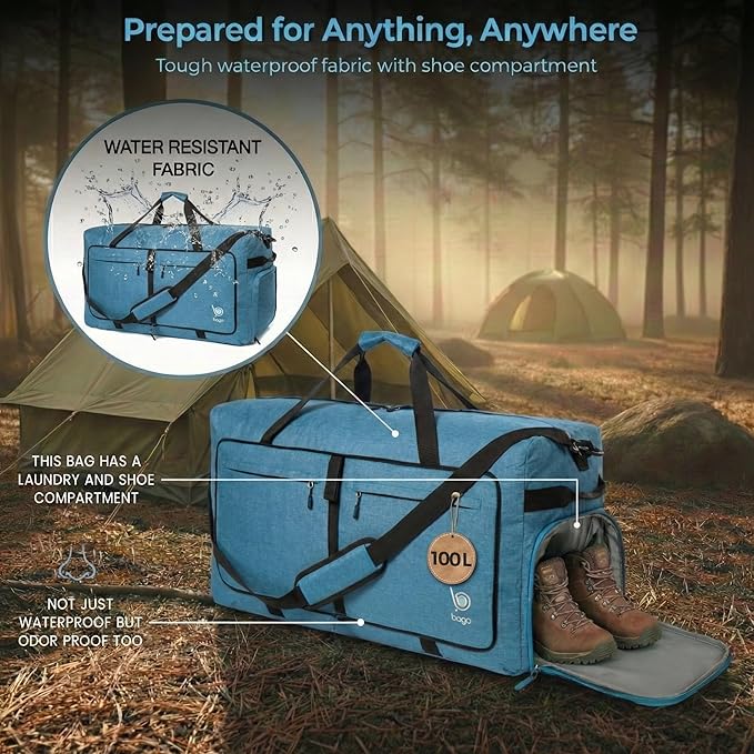 Bago Large Duffle Bag for Travel Women & Men. Durable Lightweight Foldable Travel Duffel Bags For Traveling Women. 100L Duffle Bags for Overnight Bag With Shoe Compartment Collapsible Weekender duffel