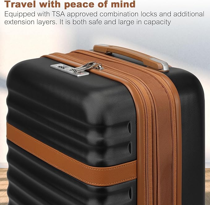 Kono Medium Sized Checked Luggage, 24 Inch Expandable with Spinner Wheels, TSA Lock, ABS + PC Lightweight Travel Suitcase with Larger Capacity and Lighter Weight, Black Brown
