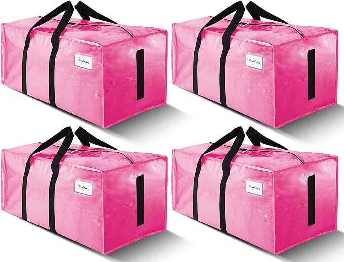 4 Pack Large Strong Moving Bags with Zippers & Carrying Handles - Water-Resistant - Heavy Duty Storage Tote for Space Saving, Fold Flat, Alternative to Moving Box (Pink)