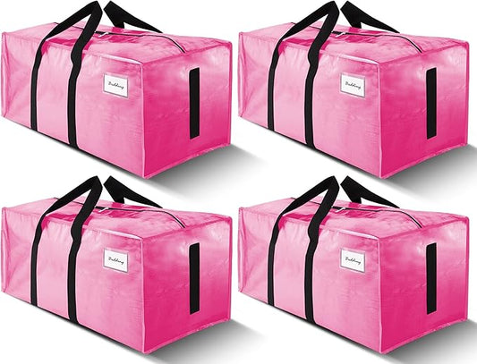 4 Pack Large Strong Moving Bags with Zippers & Carrying Handles - Water-Resistant - Heavy Duty Storage Tote for Space Saving, Fold Flat, Alternative to Moving Box (Pink)
