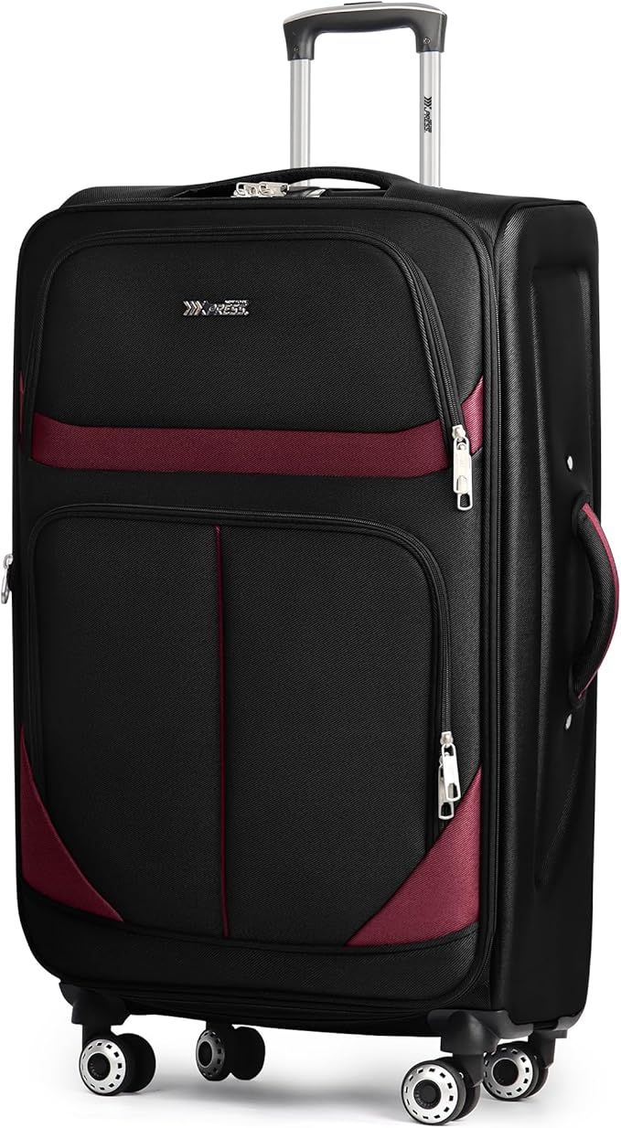 32'' Large Softside Suitcase,Expandable 15% Luggage,with Double Spinner Wheels and LOCK,Lightweight Travel Suitcase for Men/Women（Black-Burgundy,32in）