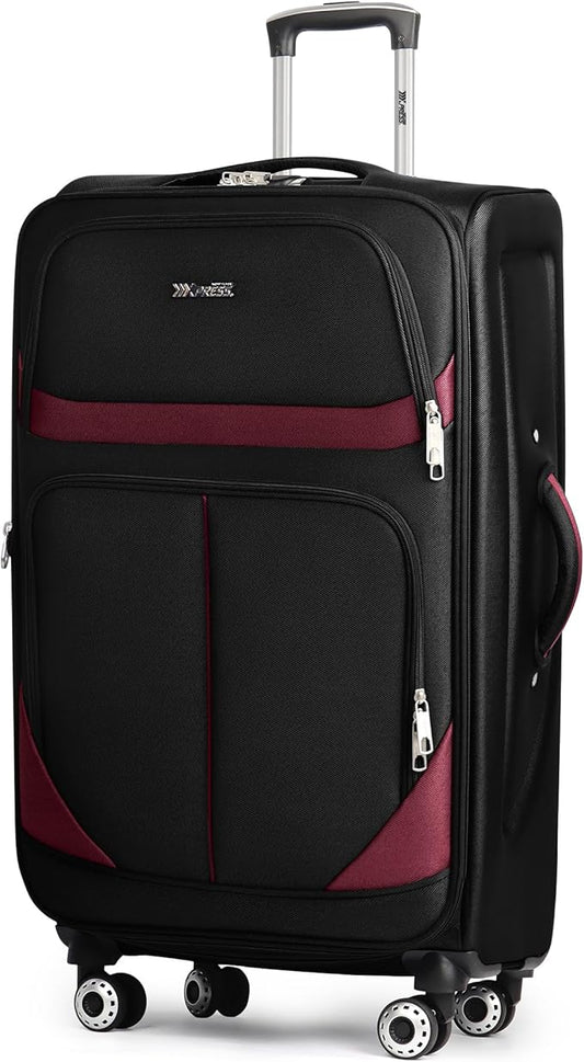 32'' Large Softside Suitcase,Expandable 15% Luggage,with Double Spinner Wheels and LOCK,Lightweight Travel Suitcase for Men/Women（Black-Burgundy,32in）