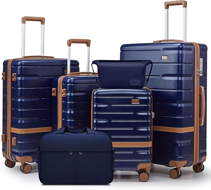 Luggage Sets Lightweight Hard Shell Suitcases with Spinner Wheels for Family Travel - Durable PC+ABS Material Carry On Luggage YKK Zippers (Navy, 6 Piece Sets (18/20/24/28/DB/TB))