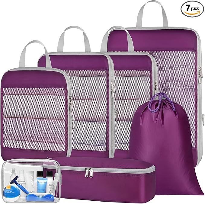 Cambond Compression Packing Cubes - 7 Piece See Through Mesh Packing Cubes for Travel with Underwear Laundry Makeup Bag, Expandable Travel Packing Suitcase Organizers for Family Vacation, Purple