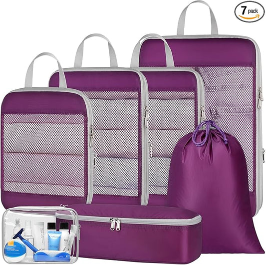 Cambond Compression Packing Cubes - 7 Piece See Through Mesh Packing Cubes for Travel with Underwear Laundry Makeup Bag, Expandable Travel Packing Suitcase Organizers for Family Vacation, Purple