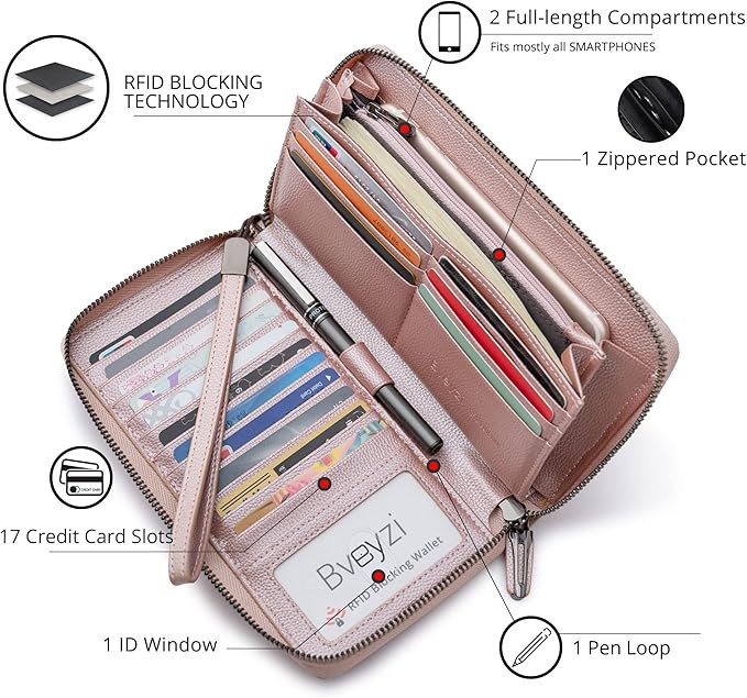 Bveyzi Women RFID Blocking Wallet Leather Zip Around Phone Clutch Large Capacity Ladies Travel Purse Wristlet | RFID Blocking, Zip Around, Large Capacity
