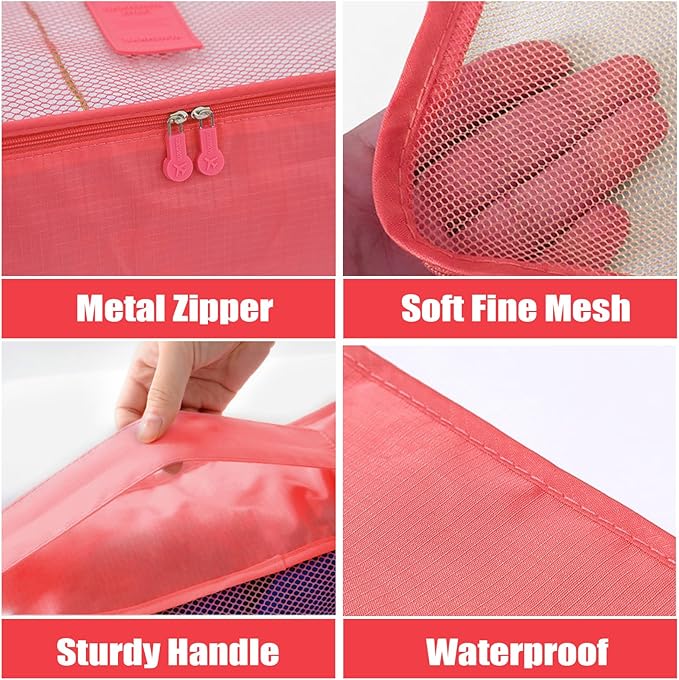 6 Set Packing Cubes for Travel Luggage Packing Bags Reusable Waterproof Suitcase Organizer Bags Set with Shoe Bag and Toiletry Bag (Watermelon Red‌)