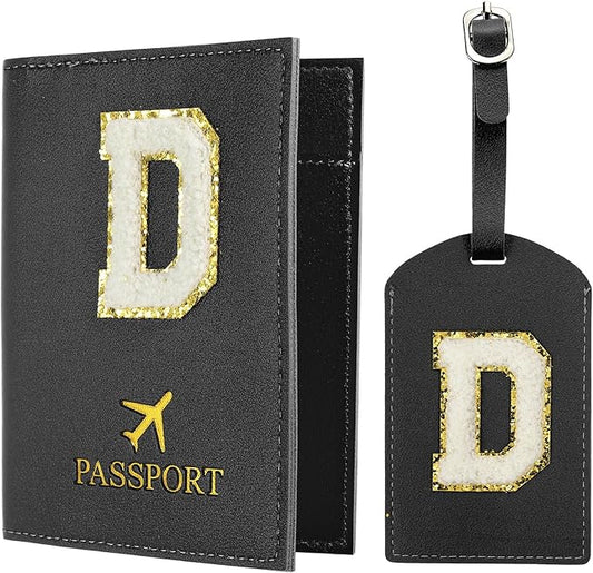 PATIKIL Passport Holder for Travel, Initial Passport Cover and Luggage Tag Set with Alphabet Chenille Letter Patch Travel Wallet Bag Suitcase Identifier for Women Family Travel Black D