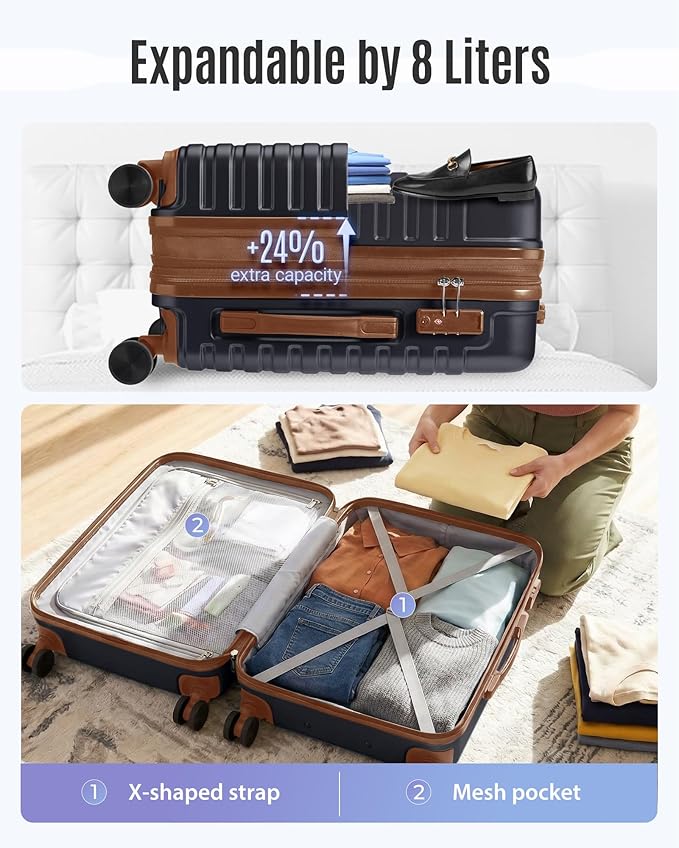 LIGHT FLIGHT Expandable Carry On Luggage 22x14x9 Airline Approved with Double Spinner Wheels, 20 Inch Lightweight Hard Shell Rolling Suitcases with TSA Lock, Black Brown