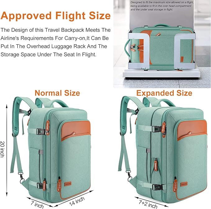 Lumesner Carry on Travel Backpacks, Extra Large 40L Flight Approved Bag for Men & Women,Expandable Suitcase Backpack With 4 Packing Cubes,Water Resistant Luggage Daypack Business Weekender Bag, Green