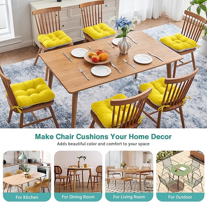 BETU Chair Cushions for Dining Chairs Set of 6,3.5" Thick Kitchen Table Chair Pads with Ties,Non Slip Backing and Covers, Seat Cushion for Dining Room,Bar,Patio Chairs,16"X16"X3.5",Gold