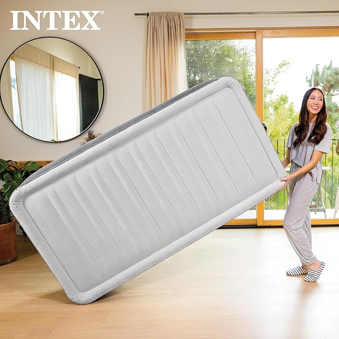 Intex Dura-Beam Deluxe Comfort-Plush Elevated: Fiber-Tech – Queen Size – Built-in Electric Pump – 18in Bed Height – 600lb Weight Capacity