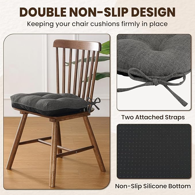 downluxe Indoor Chair Cushions for Dining Chairs, Tufted Overstuffed Textured Foam Kitchen Chair Pads with Ties and Non-Slip Backing, 15.5" x 15.5" x 4", Dark Grey, 4 Pack