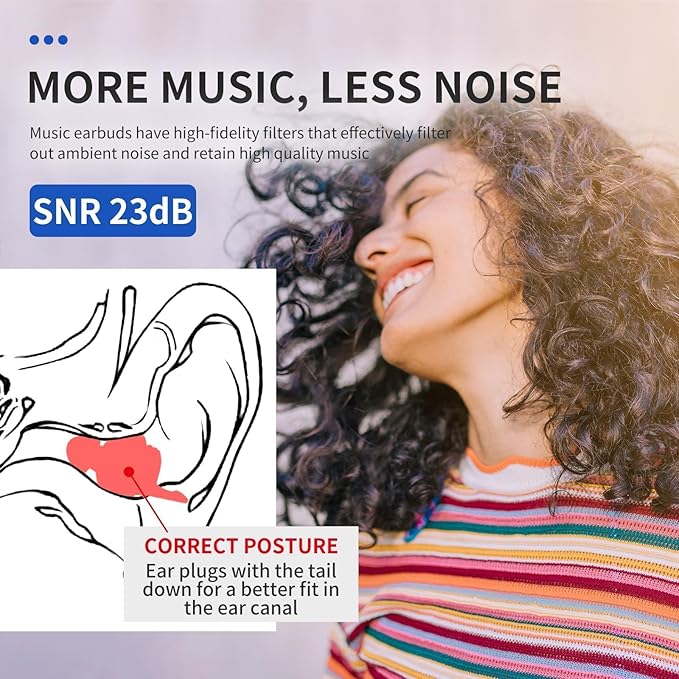 LYSIAN High-Fidelity Concert Ear Plugs for Drummers, Festivals, Party & Raves, Ergonomic Snug Fit Reusable Musician Earplugs, 2 Pairs Black -23dB Noise Reduction