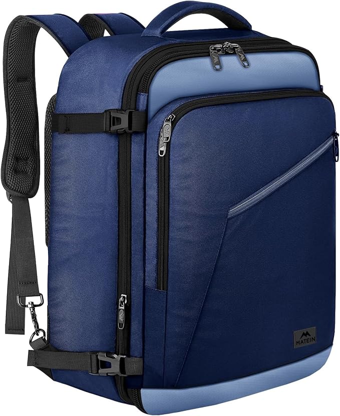 MATEIN Expandable Travel Backpack for Airplanes, Large Capacity Carryon Backpack for Men Women, Water Resistant Airline Approved Bags with Adjustable Shoulder Straps for International Trip, Grey Blue