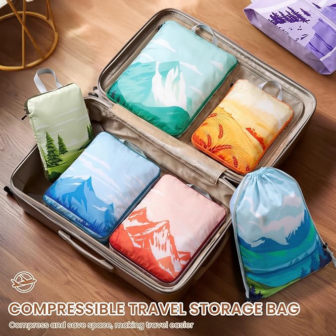 7 Set Compression Packing Cubes for Travel - Compressible/Expandable Luggage Organizer Bags Set, Double Zipper Packing Organizer for Suitcase, Lightweight Travel Essentials Accessories (Half Mesh)